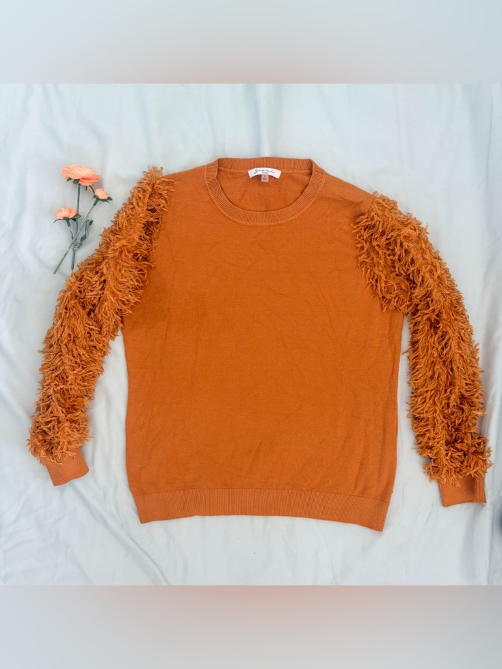 Siani Milano Eyelash Feather Sleeve Knit Sweater Orange Large